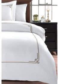 Resim Line Pano Nakışlı %100 Pamuk Saten Çift Kişilik Nevresim Takımı Kahverengi Kahverengi 