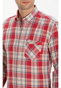 Resim Uzun Kol Şile Bezi Tek Cepli Erkek Gömlek Kırmızı Lacivert Ekose Kırmızı - Lacivert 