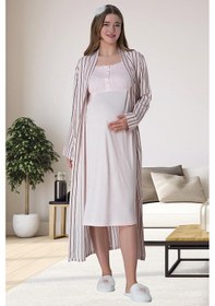 Resim Mecit Pijama Mecit 6006 Pembe Çizgili Uzun Sabahlıklı Lohusa Gecelik Takım 