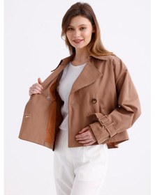 Resim Pastelastore %100 Pamuk Gabardin Astarlı Oversize Geniş Kalıp Kadın Crop Kısa Trençkot 1122 Koyu Bej 