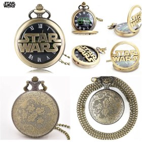 Resim QUEEN AKSESUAR İthal Disney star wars yazılı bakır metal zincirli yuvarlak motifli antik kapaklı köstekli saat 