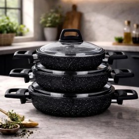 Resim Lavonni Stone 6 Parça Granit Sahan Seti Siyah 18-20-22 Cm Cam Kapaklı Yapışmaz Kahvaltılık Omlet Menemen Seti 