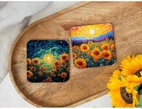 Resim Atölye Ayçiçeği Sanatı Ahşap Bardak Altlığı 4’lü Set (10x10 cm) 