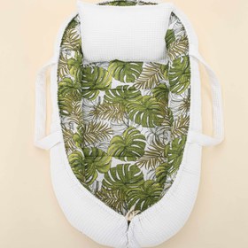 Resim Babynest ve Yastık - Çift Taraflı - Beyaz Petek - Palmiye Yaprakları 