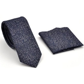 Resim Gaffy Füme Gri Kırcıl Desenli Lacivert Dokuma Kumaş Mendilli Slim Fit Kravat // Sdk230917 Gri - Lacivert 