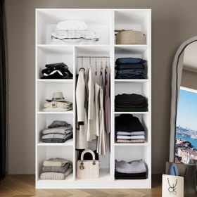 Resim Bimossa KB30 Goss 135 cm İkili Kapaksız İki Bölmeli Dar Gardırop, Boy Askılı ve Dar Raflı Açık Giyinme Dolabı, Beyaz Modern Elbise Dolabı 