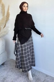 Resim Boğazlı Tesettür Triko Panço Kahve TZL-P-00020201 