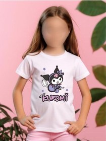 Resim Kuromi Baskı Detaylı Kısa Kollu %100 Pamuklu Beyaz Kız Çocuk T-shirt Beyaz 