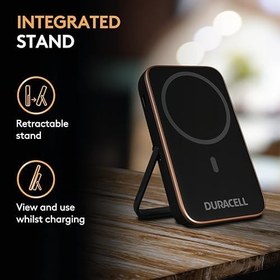Resim Duracell Manyetik Powerbank 5000 mAh – MagSafe uyumlu kablosuz şarj cihazı 7,5 W, 12 W USB-C hızlı şarj, iPhone 12 13 14 15 16 17 Pro Max, Samsung, AirPods için ayaklıklı ince harici pil 