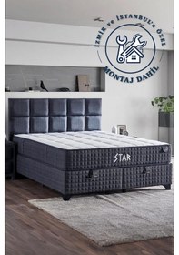 Resim Star Yatak Seti Çift Kişilik Full Ortopedik Çok Sert Yatak, Antrasit Keten Kumaş Lüks Baza Ve Başlık 180 x 200 