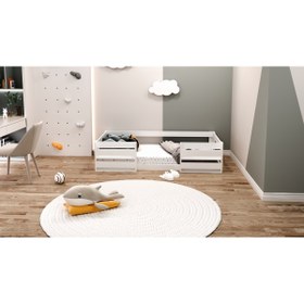 Resim Lullaby Montessori Kitaplıklı Raflı Beyaz Mdf Çocuk Karyolası 90x190 Yatak Uyumlu M6 