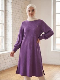 Resim tuvadi Kadın Mor Saç Örgü Tunik - Tesettür Tunik - Mürdüm, Broş Detaylı, Rahat Kalıp 