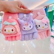 Resim 2 Adet Sanrio HelloKitty & My Melody Dönüştürülebilir Eldivenler - Sevimli Karakterli Parmaksız Eldiven, Kadınlar için Sıcak Coral Polar 