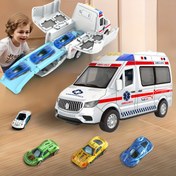 Resim Transformasyonlu Raylı Ambulans Oyuncak Araba - Manuel İtme & Hareket, Katlanabilir Tasarım, Mavi ve Kırmızı Detaylarla Beyaz Acil Durum Aracı Modeli - Çocuklar için Eğitici Rol Oyunu Hediyesi, Erkek ve Kız Çocuklarına Özel Ambulans Hediyeleri 