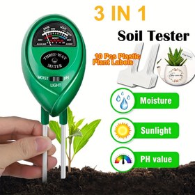 Resim 3-in-1 Yeşil Toprak Test Cihazı Nem, Güneş Işığı, pH Değeri Göstergeleri ile - Bahçecilik, Çim Bakımı ve Saksı Bitkileri için 10 Plastik Bitki Etiketi Dahil, Bahçe Toprak Test Cihazı | Ergonomik Kolu | Dayanıklı Plastik 