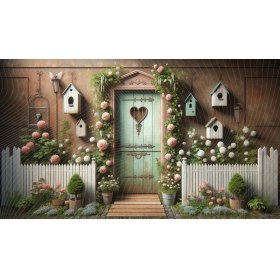 Resim Venspor Romantik Bahçe Kapısı ve Kuş Evi Temalı Arkaplan 200 x 150 cm Fon Duvar Örtüsü 