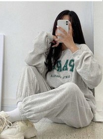 Resim Paris Sainte Eşofman Takımı Sweatshirt Jogger - Gri Baskılı Oversize Şardonlu Bisiklet Yaka Gri 
