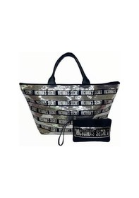 Resim Victoria's Secret Vs Gümüş Pullu Payet İşlemeli Carryall Tote & Mini Clutch Set Gümüş - Siyah 