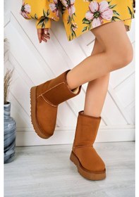 Resim Kadın Lüx Süet İçi Kürklü Kışlık Kalın Taban Konforlu Bot Taba 