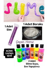 Resim ÇEÇEN HOME Slime Yapım Seti 2 Adet Renkli Sıvı Yapıştırıcı Slime Suyu + 1 Adet Toz Boraks +1 Adet Renkli Sim 