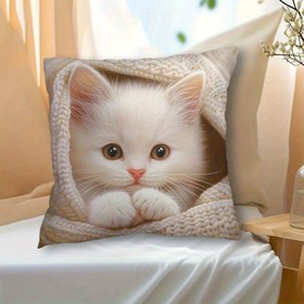 Resim 1 adet Sevimli Beyaz Yavru Kedi Baskılı Peluş Yastık Kılıfı 44.96cm x 44.96cm - Rahat Hayvan Temalı Ev Dekoru, Yumuşak Polyester, Fermuarlı Kapatma, Yatak Odası ve Oturma Odası için Makinede Yıkanabilir (Yastık İçi Dahil Değildir), Rahat Ev Aksesuarı | Hayvan Temalı Dekor | Yumuşak Peluş Malzeme, Kedi Dekoru 