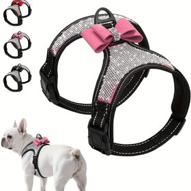 Resim Glitter Rhinestone Köpek Göğüs Koşumu, Kaçış Geçirmez Yansıtıcı Köpek Göğüs Koşumu Yaylı Göğüs Koşumu Küçük Orta ve Büyük Köpekler için 