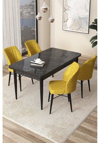 Resim Canisa Arp Serisi, 71x110 Sabit Mutfak Masa Takımı, Siyah Mermer Desen Masa 4 Hardal Sandalye Masa Siyah Mermer Desen Sandalye Hardal 