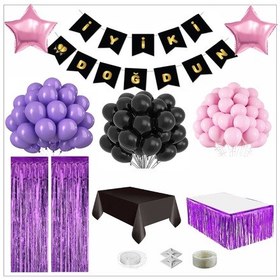 Resim Siyah-gold Banner, Mor, Pembe, Siyah Temalı Doğum Günü Seti 