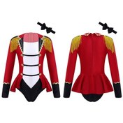 Resim Kırmızı Çocuk Kız Sirk Kostüm Uzun Kollu Renk Kontrast Patchwork Püskül Düğmeler Kravat İle Süslenmiş Cosplay Tulum Kırmızı 