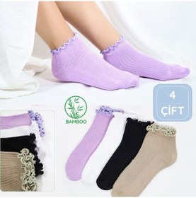 Resim Kral Socks Kadın Bambu Çorap 4 Çift Renkli Fırfırlı Patik Kadın Çorap Çok Renkli 