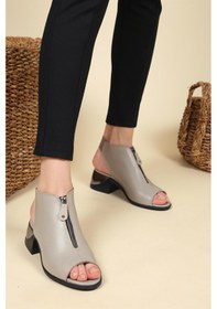 Resim %100 Hakiki Deri Fermuar Detaylı Topuklu Sandalet Vizon - Vizon 