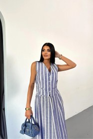 Resim Buğrahayalin Keten Çizgili Yelek - Uzun Etek Takım - Mavi 