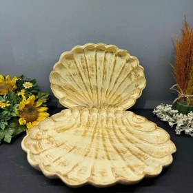 Resim Dekoratif Polyester İkili İstiridye Tepsi Sunumluk Krem Gold Eskitme 