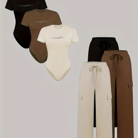 Resim Sonbahar ve Kış 6'lı Kadın Günlük Şık İş Gidiş Geliş Tarzı Slim Fit Düz Renk Baskılı Kısa Kollu Yuvarlak Yaka Body ile İpli Bel Geniş Paça Pantolon Takımı, Ev Giyim için Uygun Cepli Uzun Pantolon 