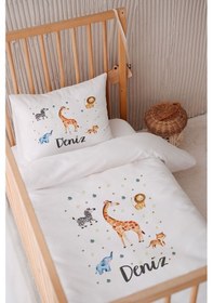 Resim %100 Pamuk Saten Isme Özel Isimli 100x150 Bebek Yatak Nevresim Seti Safari 