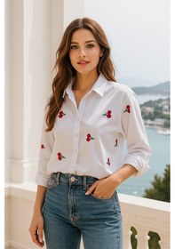 Resim Rich Kadın Kiraz Desenli Beyaz Pamuk Gömlek Beyaz 