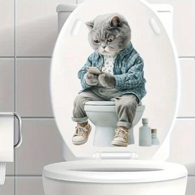 Resim 1 Adet 3D Su Boyası Sevimli Kedi Telefonla Oyun Oynayan Tuvalet Kapağı Sticker - Kendinden Yapışkan PVC Banyo Dekoru, Ekose Gömlek & Kotlu Karikatür Tasarım, Yarı Mat Yüzey, Tuvalet Kapak ve Ev Dekorasyonu, Eğlenceli Tuvalet Süsü, Yüksek Kaliteli Çıkartma, Hayvan Severler İçin 