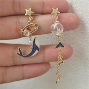 Resim Deniz esintili Bohem tarzı asimetrik küpeler, 1 çift, Mavi Balina & Denizyıldızı tasarımı ile püsküllü, Modaya uygun Deniz teması olan Deniz yaşamı küpeler 