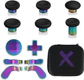 Resim eXtremeRate 13 in 1 Component Pack Kit for Xbox Elite Series 2 Controller, 6 Metal Thumbsticks & Tool, 2 D-Pads, 4 Paddles for Xbox Elite Series 2 Core Controller - Metallic Rainbow Aura Blue & Purple 