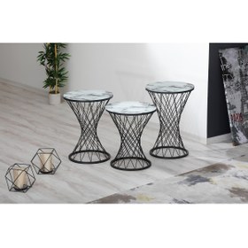 Resim EC EVMO CONCEPT Evmo Siyah Hasır Pota Telli Zigon Sehpa 3'lü Beyaz Mermer Desen 