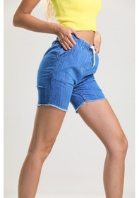 Resim Pass&Pass 2080 Kadın Püsküllü Paça Jeans Denim Kot Şort Mavi 
