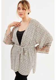 Resim Myline Desenli Kemer Detaylı Kimono - Krem 