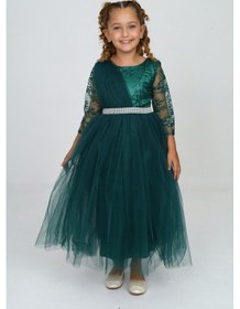 Resim Asortix Kız Çocuk Güpür Desenli Uzun Abiye Elbise Gelinlik Zümrüt Yeşili 