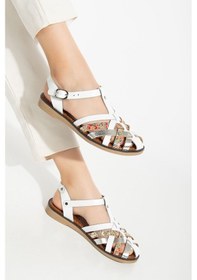 Resim Beyaz Garni Ortopedik Hakiki Deri Kadın Sandalet Çok Renkli 
