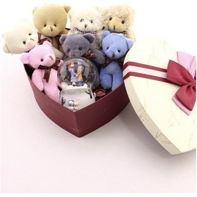 Resim Sevgiliye En Tatlı Hediye Seti Peluş Ayıcık Kalpli Kutuda 7 Mini Peluş Ayıcık Işıklı Kar Küresi Seti 