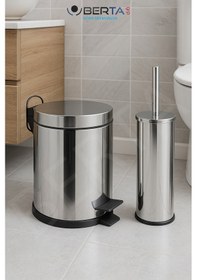Resim Berta 2'li Beyaz Banyo Seti Çöp Kovası Tuvalet Fırçası - Mini Boy Çöp Poşeti Hediyelidir Metal 