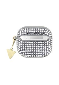 Resim Apple Uyumlu AirPods 3. Nesil Kılıf Guess Lisanslı Parıltılı Taş Kaplamalı Üçgen Logo Süs Zincirli Gümüş 