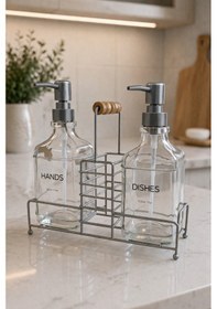 Resim Makri Home Lüks Bambu Kulplu Gri Metal Stantlı İkili Cam Sıvı Sabunluk 500 Ml, 23x9x23,5 Cm 