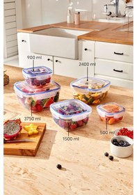 Resim Kare 5 Parça Contalı Vakumlu Sızdırmaz Hava Almaz Saklama Kabı Seti 3750/2400/1500/900/500 Ml Şeffaf 