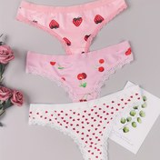 Resim 3'lü Morvia Kadın Dantel Tanga Seti - Sevimli Çilek, Kiraz & Kalp Desenli Düşük Bel Külotlar Pembe & Beyaz, Yumuşak Polyester Karışımı Kontrast Dantel Detaylı, MORVIA 